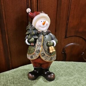 Snowman Figurine with Sparkling Green and Red Accents 10" Tall And Chubby